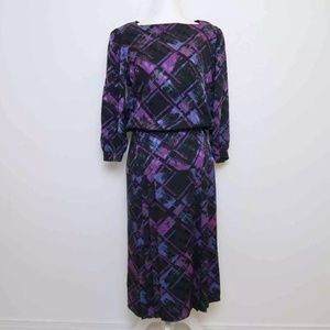 Vintage 80s Maggy London black and purple silk geometric print midi dress 4
